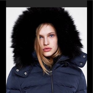 ZARA NAVY PARKA COAT W/Faux TRIMMED HOOD & SILVER